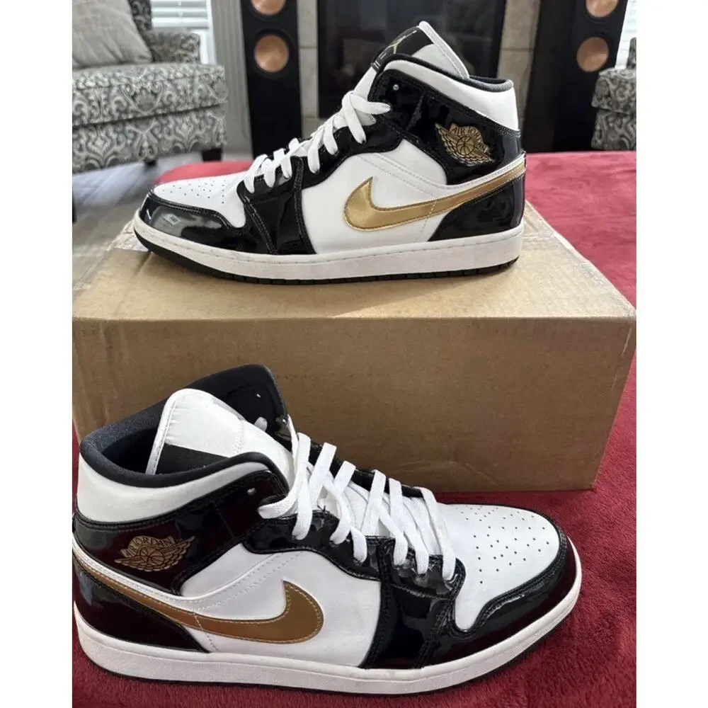 Size 13 - Air Jordan 1 Mid SE Patent Black White Gold 852542-007